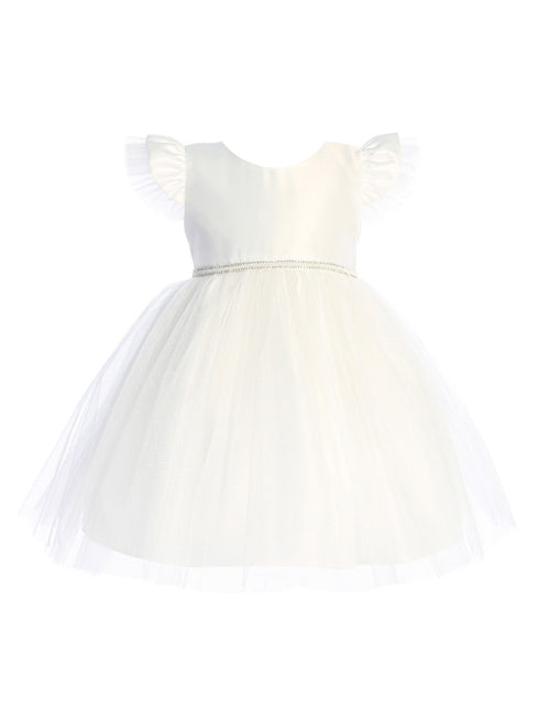 Baby Girls Off White Satin Tulle Flutter Sleeve Flower Girl Dress 6-24Months - SophiasStyle.com